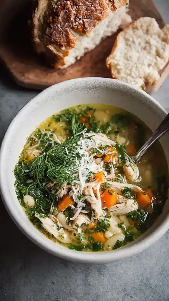 Bowl of chicken and white bean soup garnished with fresh dill and Parmesan, served beside crusty bread.