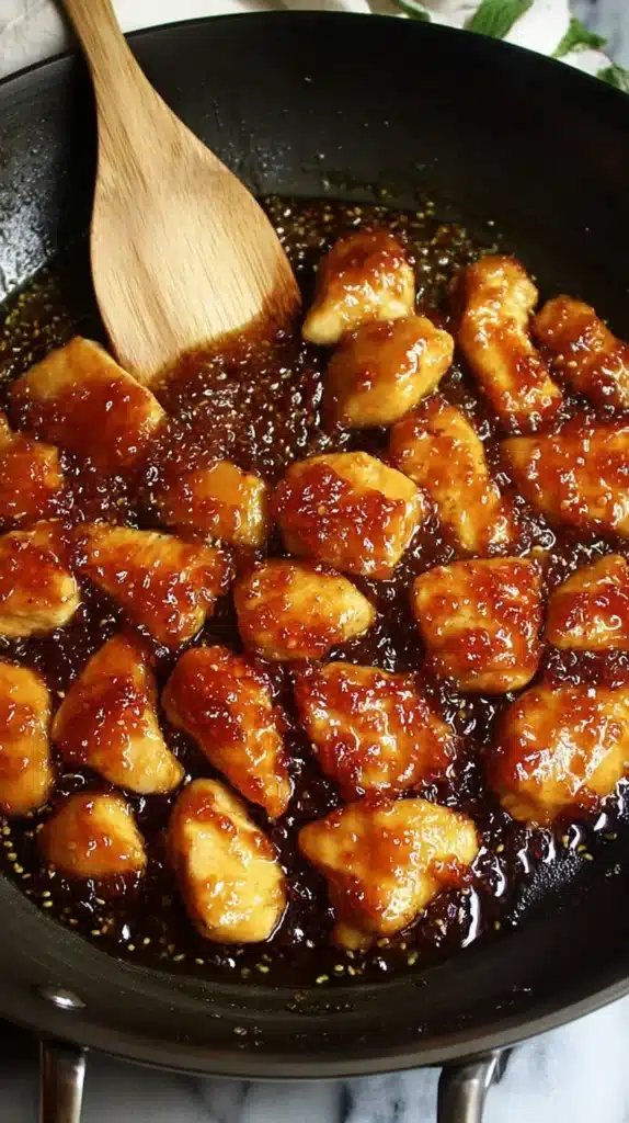 Bite-size chicken pieces simmering in a bubbling orange marmalade sauce in a skillet with a wooden spatula.