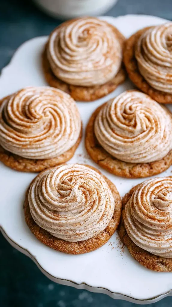churro cookie recipe topped with cinnamon buttercream swirls on a cake stand, soft chewy cookies dusted with cinnamon sugar