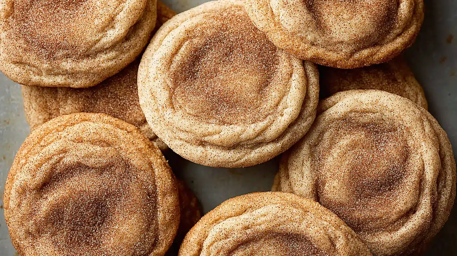 churro cookie recipe featuring plain chewy cookies coated in cinnamon sugar with soft indented centers, overhead view