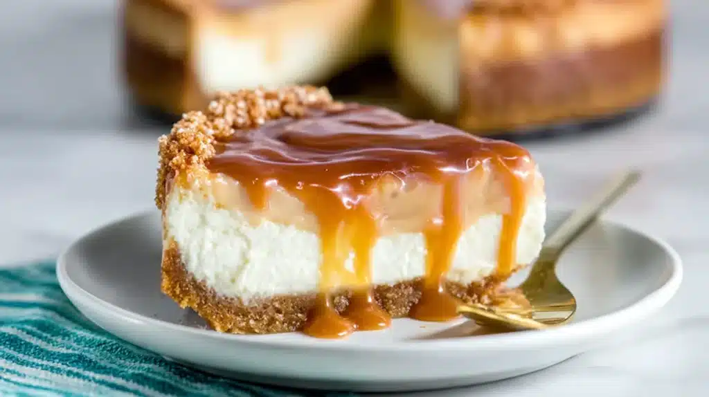 Caramel Cheesecake Tort Recipe: Simple, Luxurious close-up of a caramel-topped slice on a plate.