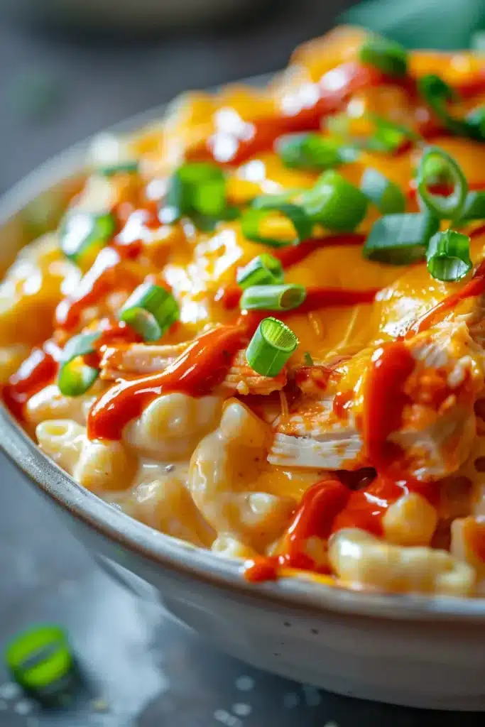 Close-up of a buffalo chicken mac bowl with creamy macaroni, shredded chicken, buffalo sauce drizzle and sliced green onions.