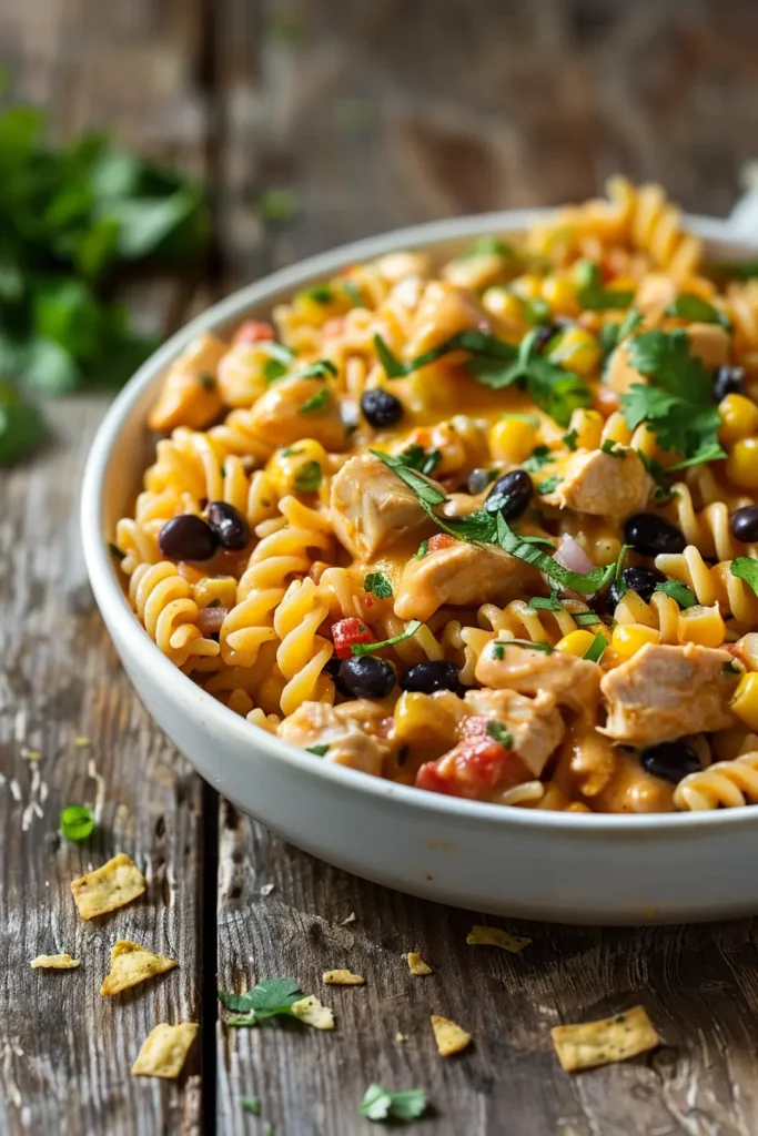 Close-up of a bowl of cowboy chicken pasta with fusilli, chicken, corn, black beans, and cilantro on a rustic wooden table.