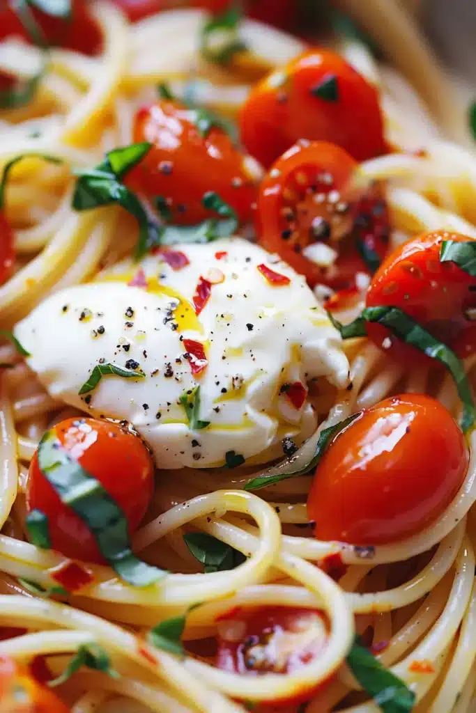 Close-up of spaghetti with burrata, cherry tomatoes, basil, and chili flakes.