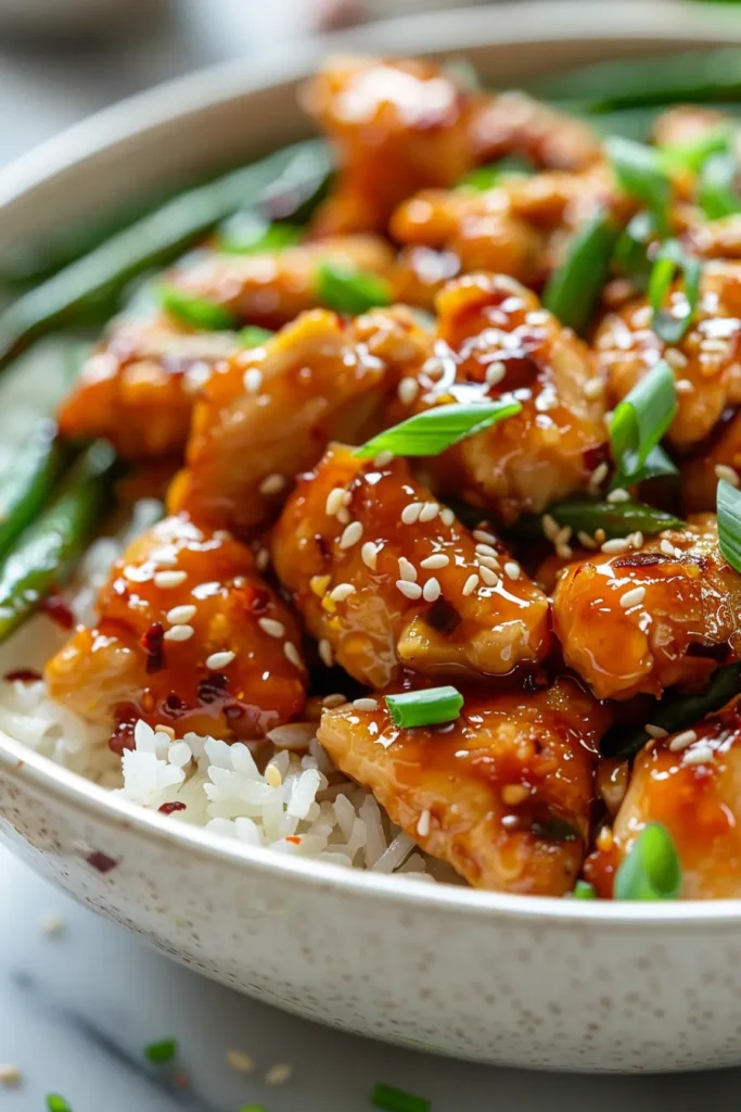 Close-up of honey butter chicken bites over rice with green beans, sesame seeds, and green onion.