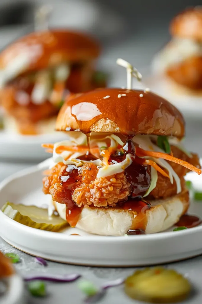 Hot honey chicken slider on a white plate with crispy fried chicken, crunchy cabbage and carrot slaw, pickles and sticky hot honey glaze dripping from a soft toasted bun.