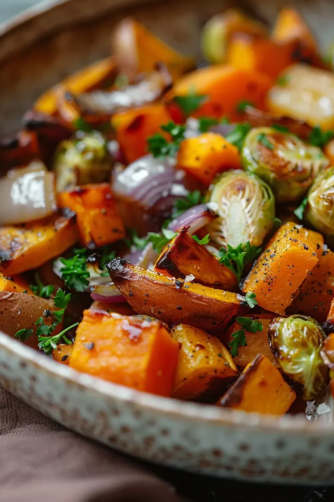 Roasted Fall Vegetables (Cozy Sheet Pan Side) 5 Close-up of roasted fall vegetables with caramelized edges and fresh herbs.