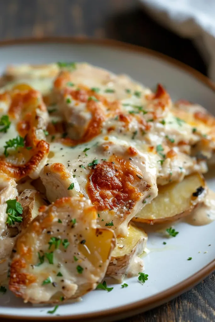 Serving of chicken potato bake on a white plate, showing tender chicken pieces, sliced potatoes, creamy sauce and browned cheesy topping with parsley.