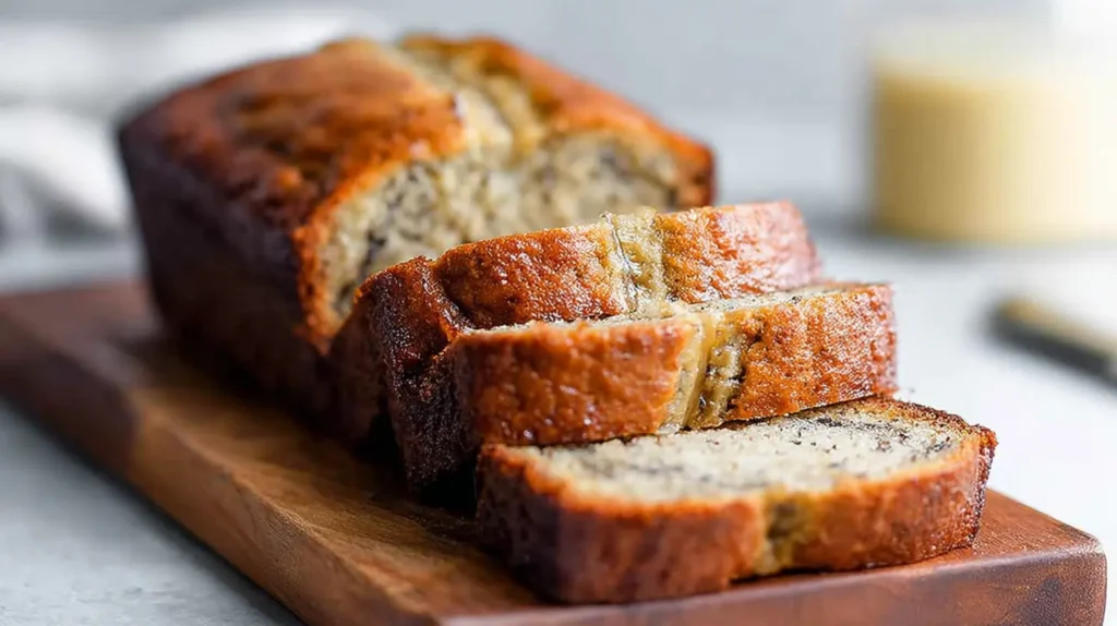 Close-up of sliced buttermilk banana bread on a wooden board with a soft, tender crumb.