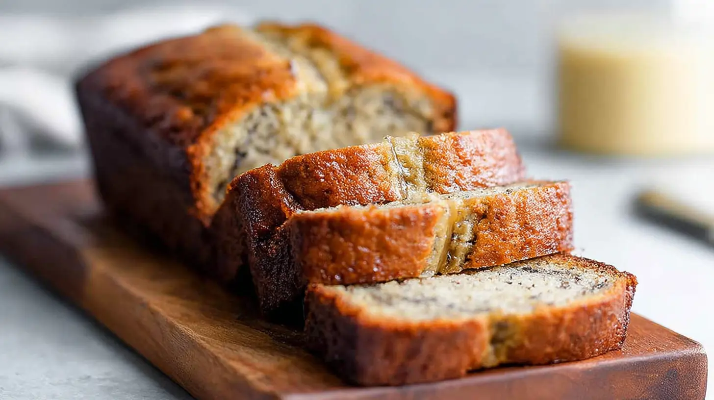 Close-up of sliced buttermilk banana bread on a wooden board with a soft, tender crumb.