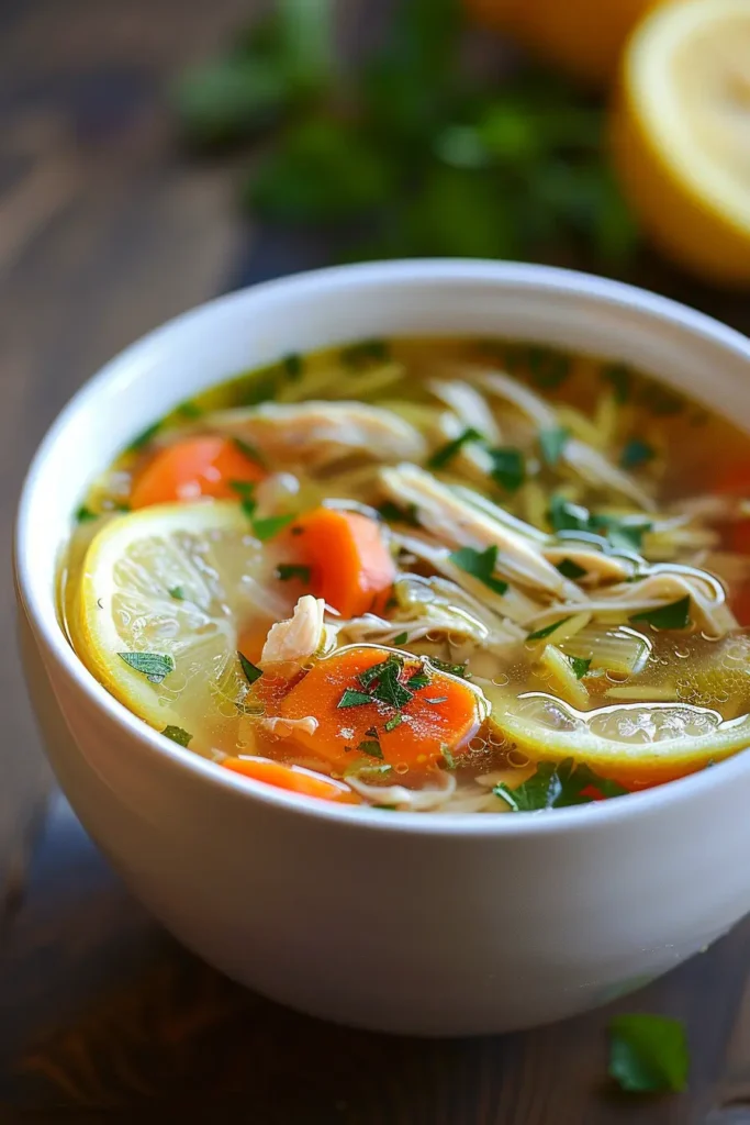 Close-up of a bowl of slow cooker lemon chicken soup with shredded chicken, carrots, celery, lemon slices, and fresh herbs in a clear golden broth.