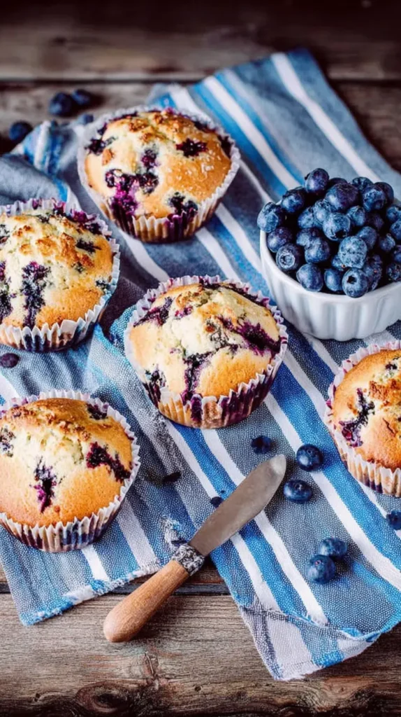 cottage cheese blueberry muffins on a blue striped towel with fresh blueberries in a bowl, golden domed tops and juicy berry pockets