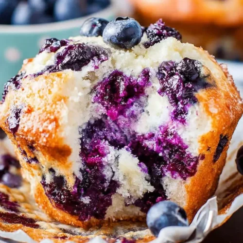 close-up of a halved cottage cheese blueberry muffin showing a tender white crumb with bursting purple berries on a rustic plate, paper liner peeled back