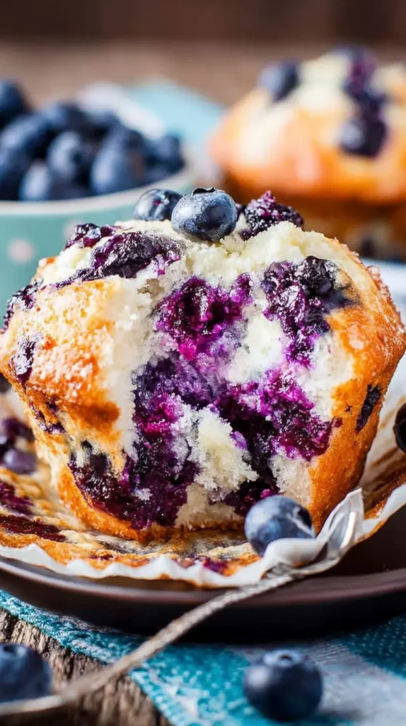 close-up of a halved cottage cheese blueberry muffin showing a tender white crumb with bursting purple berries on a rustic plate, paper liner peeled back