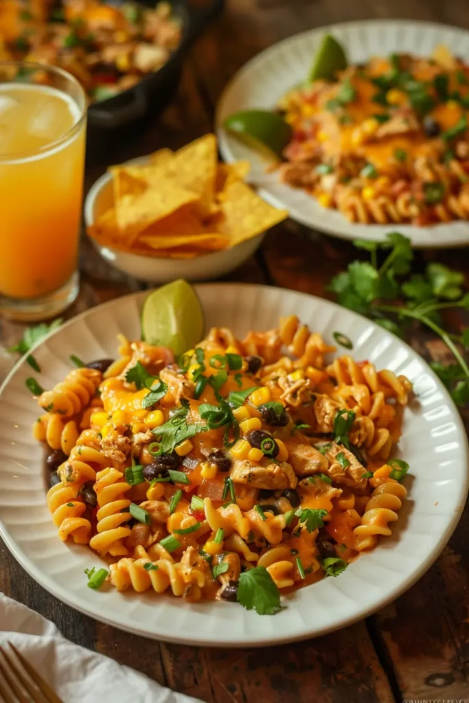 Plate of cowboy chicken pasta with fusilli, chicken, corn, black beans, and melted cheese, served with lime, tortilla chips, and a glass of orange citrus juice on a rustic wooden table.