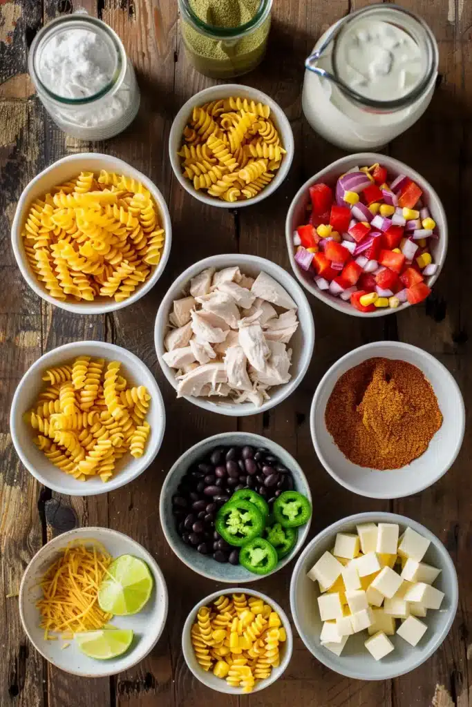 Overhead view of cowboy chicken pasta ingredients in separate bowls, with fusilli pasta, shredded chicken, black beans, corn, peppers, jalapeños, cheese, lime, and spices on a rustic wooden table.