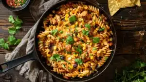 Skillet filled with cowboy chicken pasta made with fusilli, chicken, corn, black beans, melted cheese, and cilantro on a rustic wooden table.