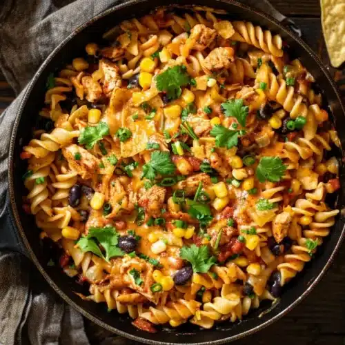 Skillet filled with cowboy chicken pasta made with fusilli, chicken, corn, black beans, melted cheese, and cilantro on a rustic wooden table.