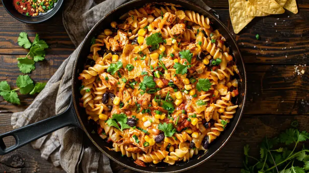 Skillet filled with cowboy chicken pasta made with fusilli, chicken, corn, black beans, melted cheese, and cilantro on a rustic wooden table.