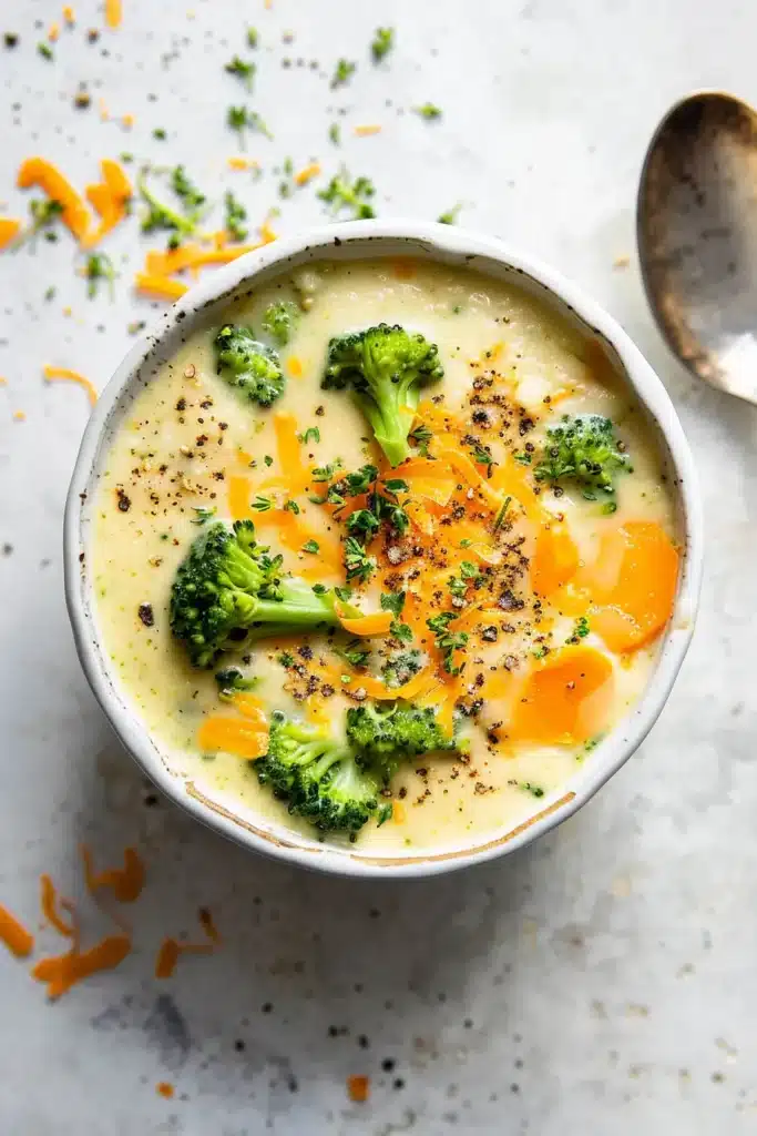 Top-down view of a bowl of creamy broccoli cheddar soup topped with broccoli florets, carrot slices, shredded cheddar, and cracked black pepper on a light surface.
