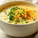 Cozy Broccoli Cheddar Soup in a White Bowl