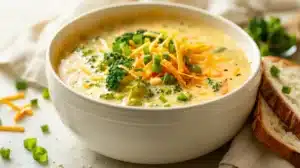 Creamy broccoli cheddar soup in a white bowl, topped with shredded cheddar and green onions, with bread slices on the side.