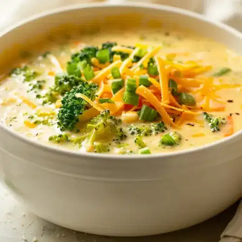 Creamy broccoli cheddar soup in a white bowl, topped with shredded cheddar and green onions, with bread slices on the side.
