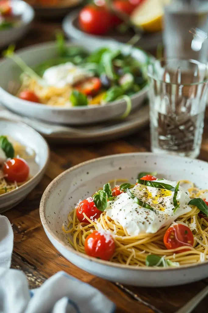 Burrata pasta bowls with cherry tomatoes and basil on a rustic wooden table.