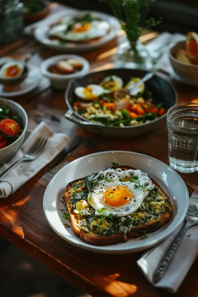 Cozy breakfast table with duck egg toast, salad, and skillets of eggs.
