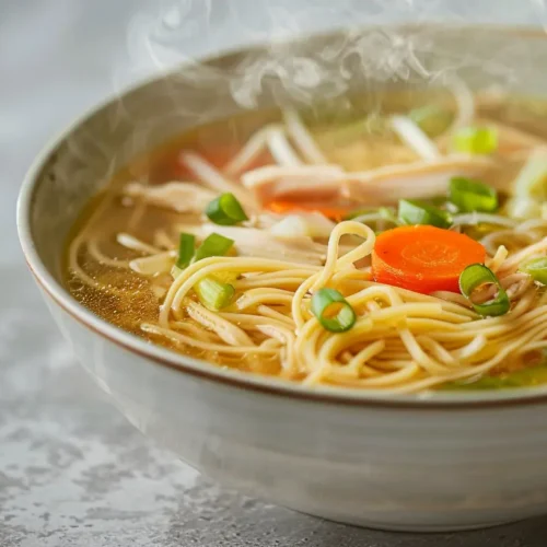 Ginger chicken noodle soup in a white bowl, with steam rising, carrots, shredded chicken, noodles and green onions in clear broth.