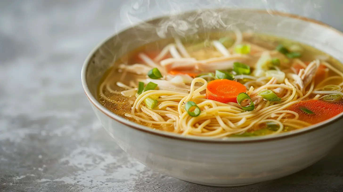 Ginger chicken noodle soup in a white bowl, with steam rising, carrots, shredded chicken, noodles and green onions in clear broth.