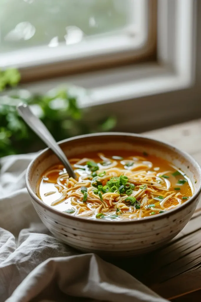 Cozy ginger chicken noodle soup in a rustic bowl by a window, topped with green onions.