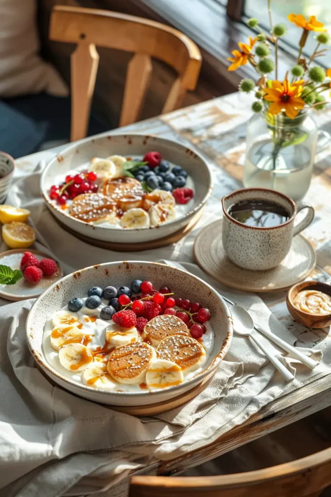 Two bowls of protein pancake bowls with yogurt, banana slices, berries and maple drizzle on a cozy breakfast table with coffee.