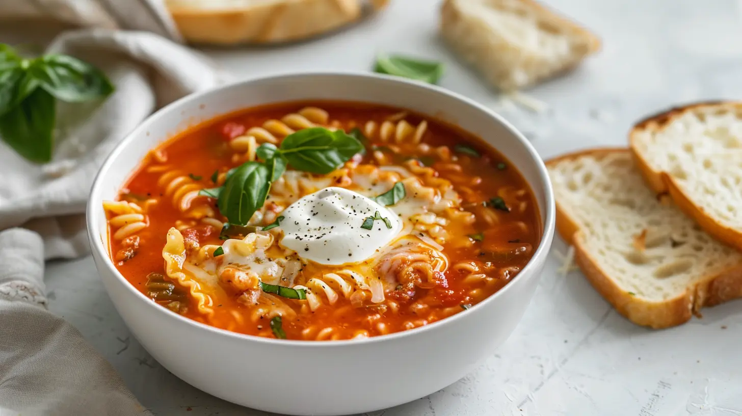 Cozy lasagna soup in a white bowl topped with melted cheese, ricotta and fresh basil, served with crusty bread.