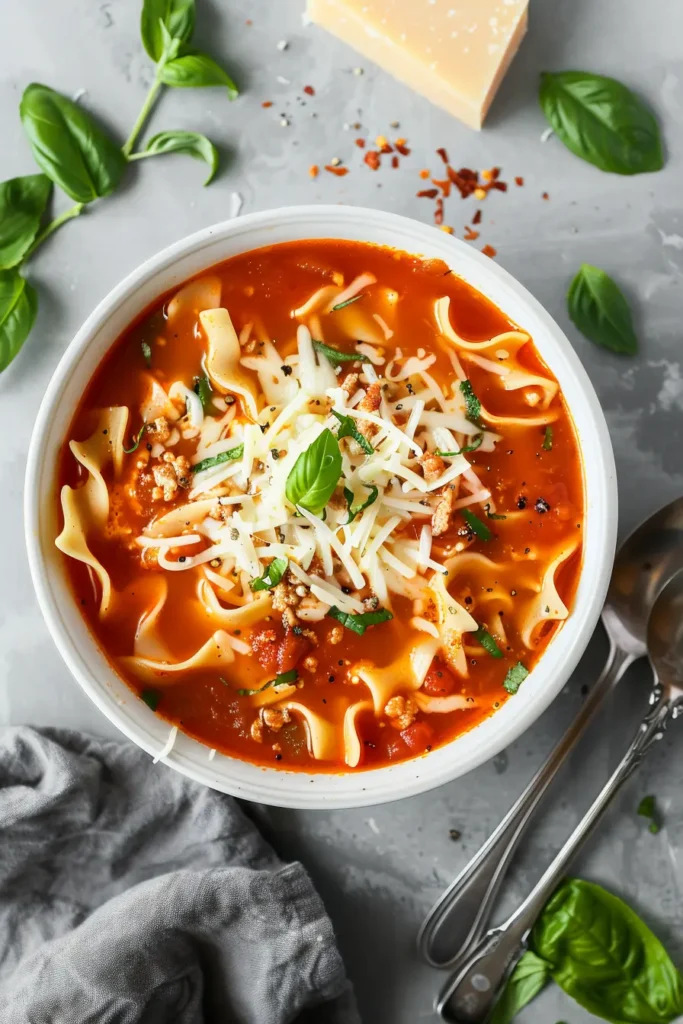 Cozy lasagna soup in a white bowl, topped with shredded cheese, ground meat, and fresh basil leaves.