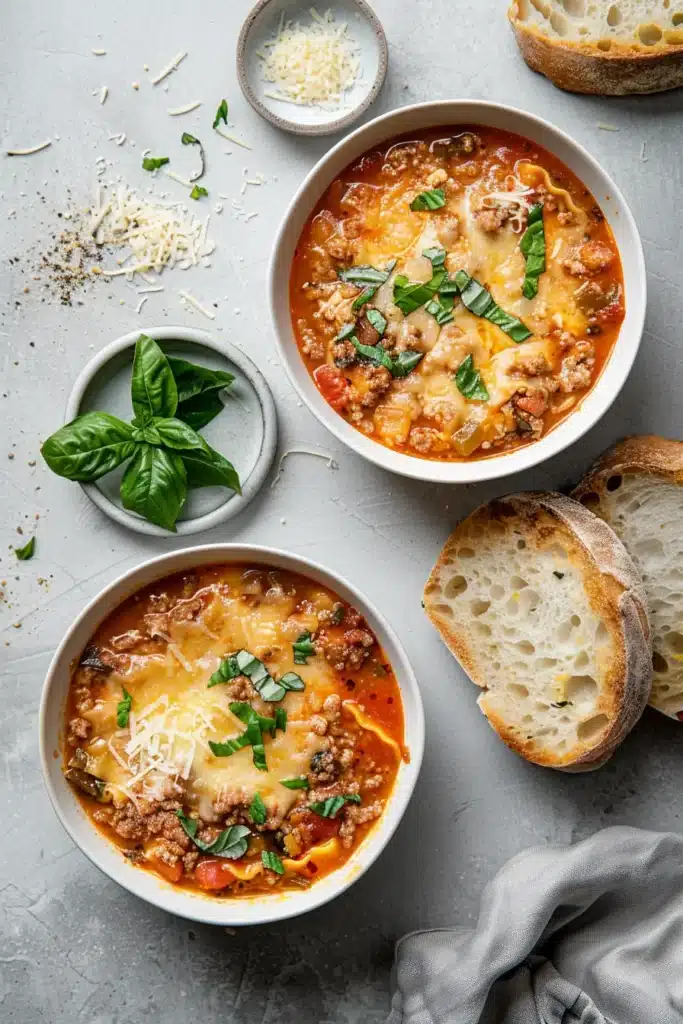 Two bowls of lasagna soup topped with melted cheese and fresh basil, served with grated parmesan and slices of crusty bread.