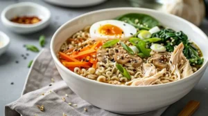 Steaming ramen chicken bowl in a white dish topped with shredded chicken, soft-boiled egg, carrots, mushrooms, spinach, green onions, and sesame seeds on a light gray table.