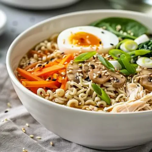 Steaming ramen chicken bowl in a white dish topped with shredded chicken, soft-boiled egg, carrots, mushrooms, spinach, green onions, and sesame seeds on a light gray table.