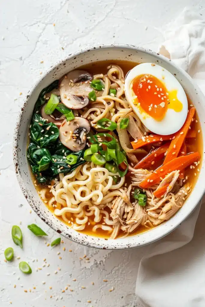 Overhead view of a cozy ramen chicken bowl with curly noodles, shredded chicken, sautéed mushrooms, spinach, carrot sticks, green onions, and a soft-boiled egg in a light soy broth.