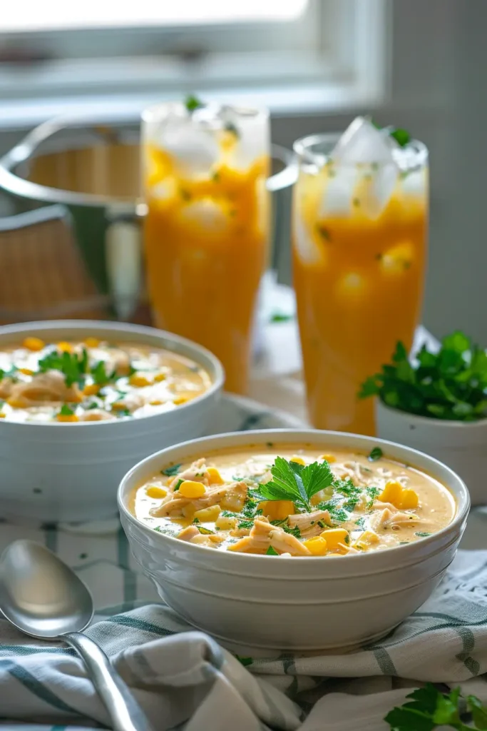 Two bowls of creamy ranch chicken soup with corn and herbs beside tall glasses of exotic fruit iced tea on a dining table.