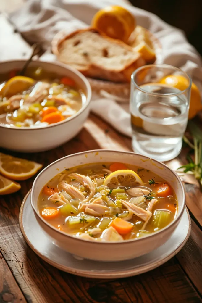 Two bowls of slow cooker lemon chicken soup with shredded chicken, carrots, celery, and lemon slices on a rustic wooden table, served with bread slices and a glass of water.