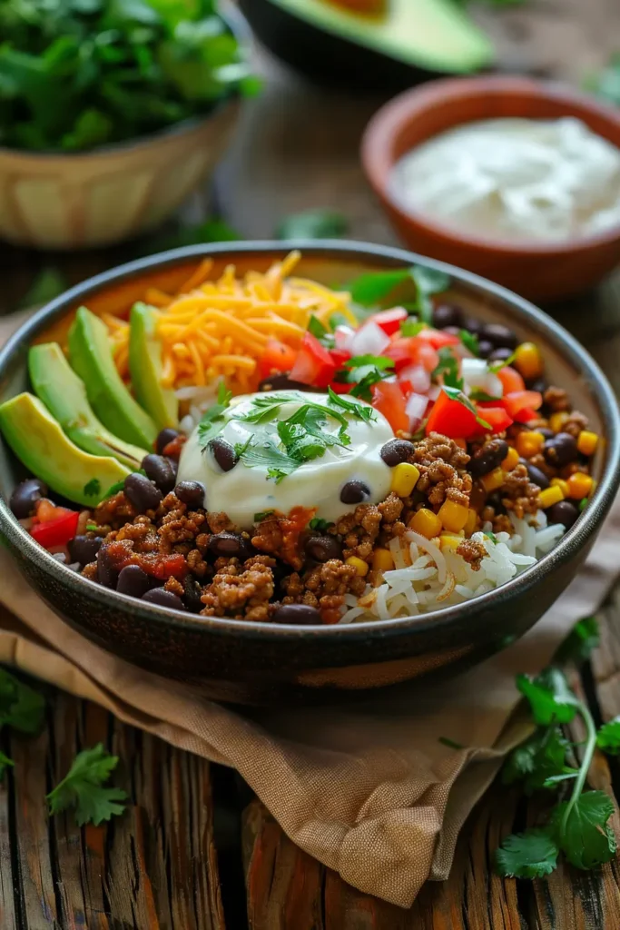 Close-up of a taco rice bowl filled with fluffy white rice, seasoned ground beef, black beans, corn, avocado slices, shredded cheese, pico de gallo, and a dollop of sour cream topped with cilantro on a rustic wooden table.