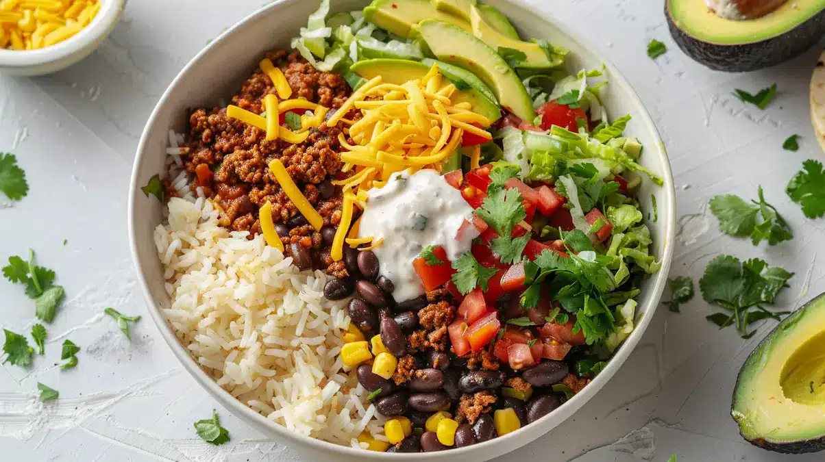 Taco rice bowl with fluffy white rice, seasoned ground beef, black beans, corn, lettuce, avocado, cheddar and creamy sauce in a white bowl