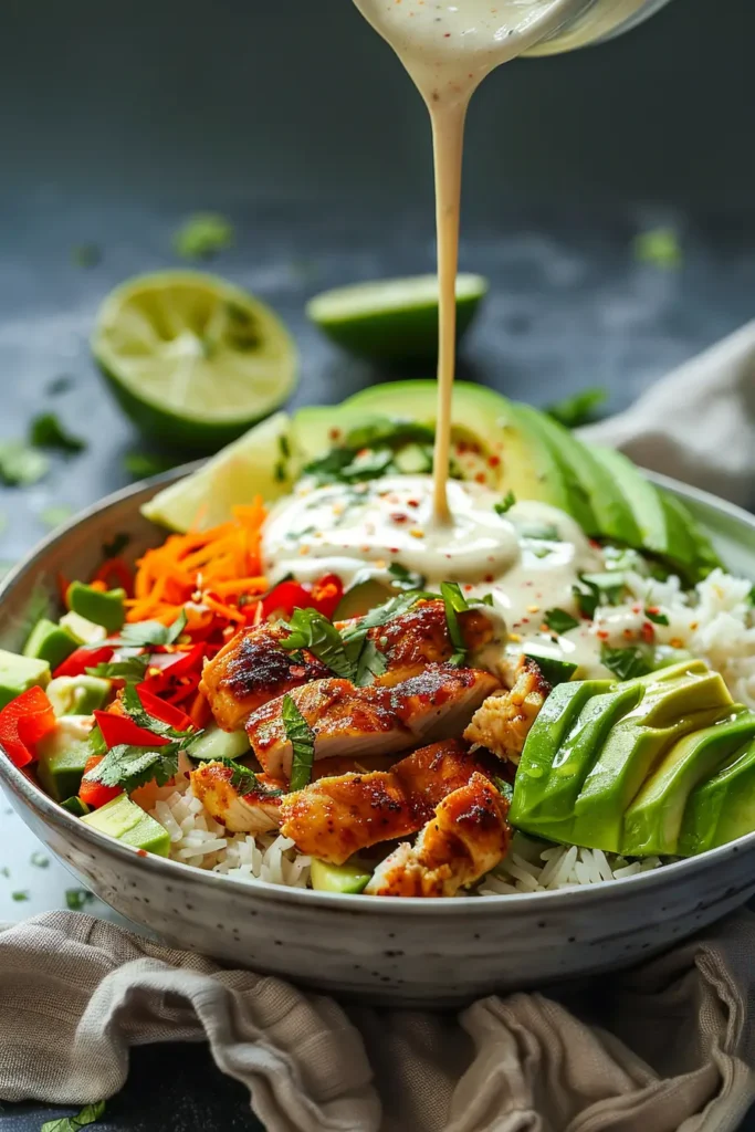 Vertical photo of a chicken avocado bowl with grilled chicken pieces, sliced avocado, rice and colorful veggies while a creamy dressing is drizzled on top