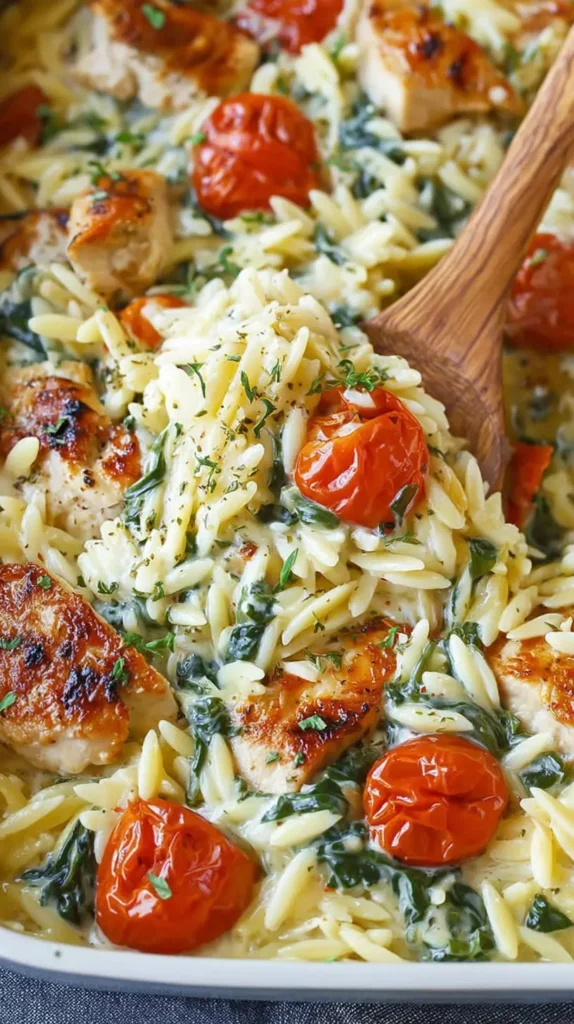 Creamy Chicken Orzo Bake – Simple Family Favorite 5 Close-up of creamy chicken orzo bake with seared chicken pieces, wilted spinach, and roasted cherry tomatoes, scooped up with a wooden spoon.