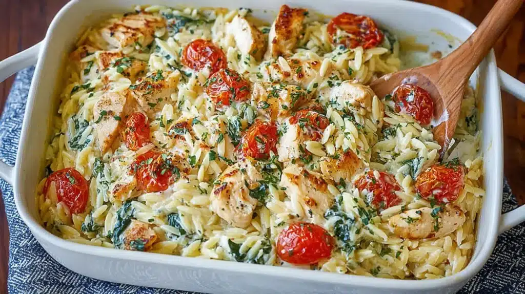 “Creamy chicken orzo bake” in a white casserole dish, filled with tender chicken pieces, creamy orzo pasta, wilted spinach, and roasted cherry tomatoes, garnished with chopped herbs and served with a wooden spoon.