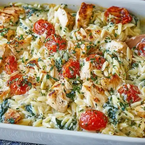 Creamy Chicken Orzo Bake – Simple Family Favorite 2 “Creamy chicken orzo bake” in a white casserole dish, filled with tender chicken pieces, creamy orzo pasta, wilted spinach, and roasted cherry tomatoes, garnished with chopped herbs and served with a wooden spoon.