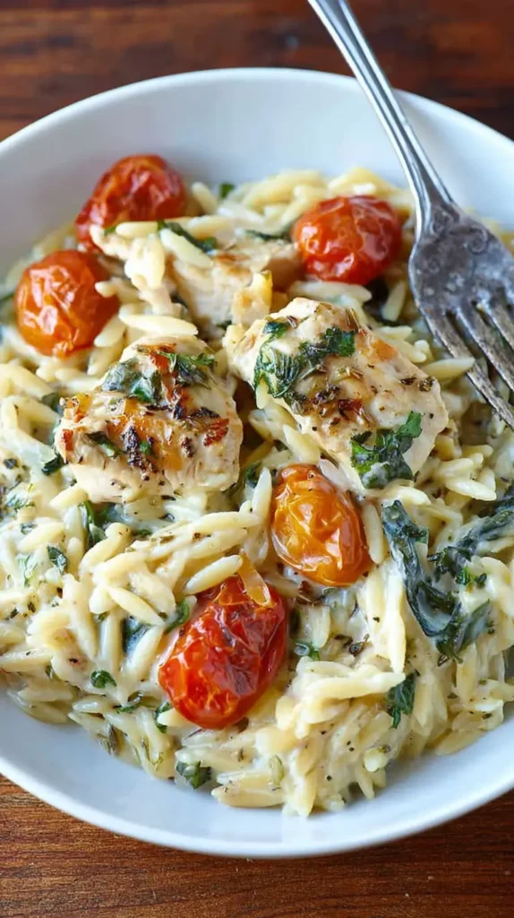 Creamy Chicken Orzo Bake – Simple Family Favorite 3 Single serving of creamy chicken orzo in a white bowl, with chunks of chicken, roasted cherry tomatoes, spinach, and a fork on the side.