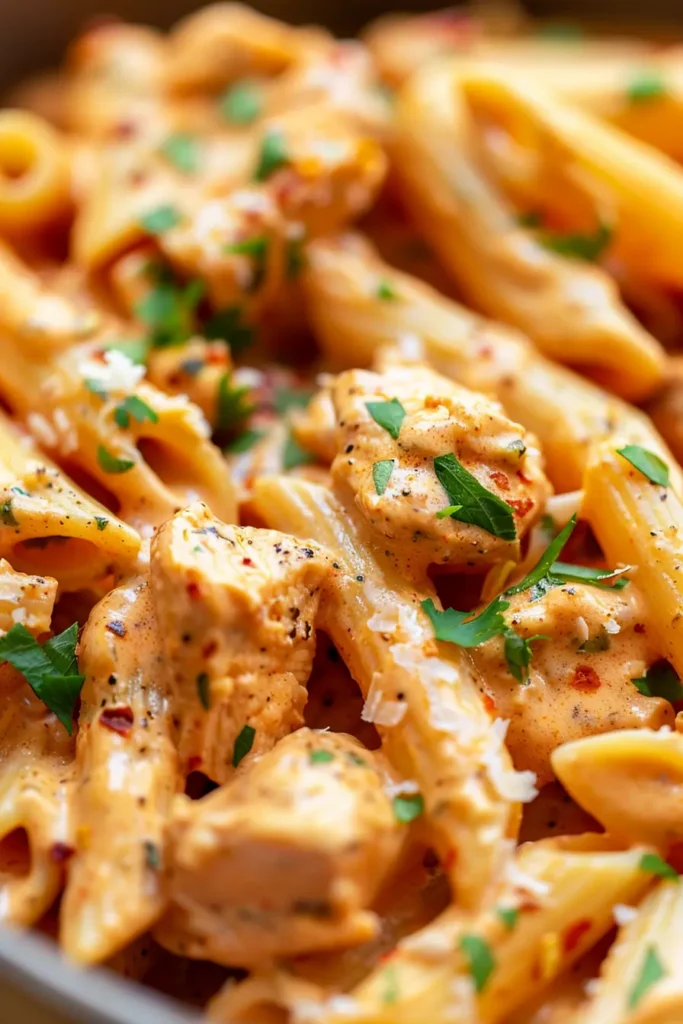 Close-up of creamy chipotle chicken pasta with penne and juicy chicken pieces