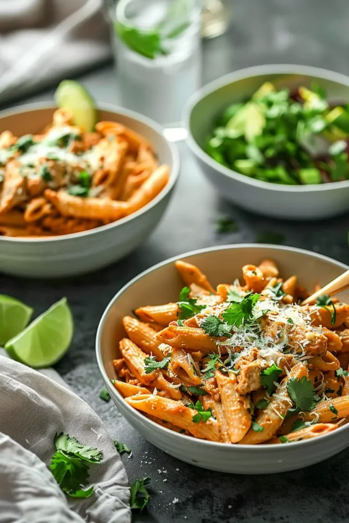 Bowls of creamy chipotle chicken pasta with side salad and lime wedges on a dark table